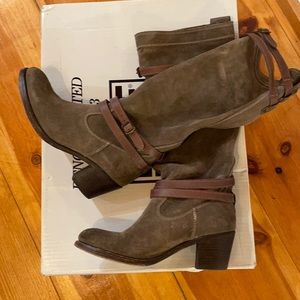 Frye Jane boots. Suede with leather straps